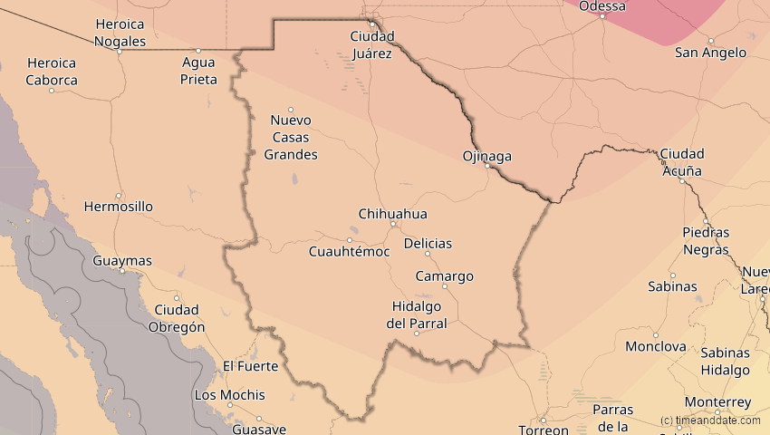 A map of Chihuahua, Mexiko, showing the path of the 20. Mai 2012 Ringförmige Sonnenfinsternis
