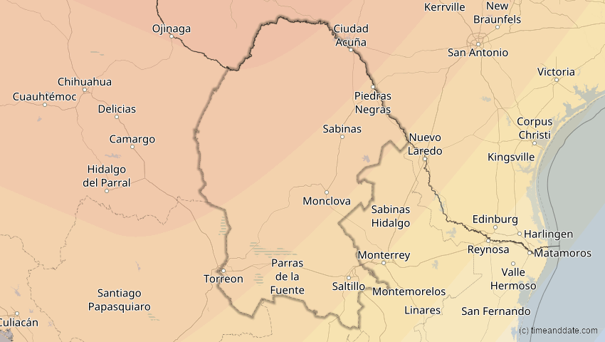 A map of Coahuila, Mexiko, showing the path of the 20. Mai 2012 Ringförmige Sonnenfinsternis