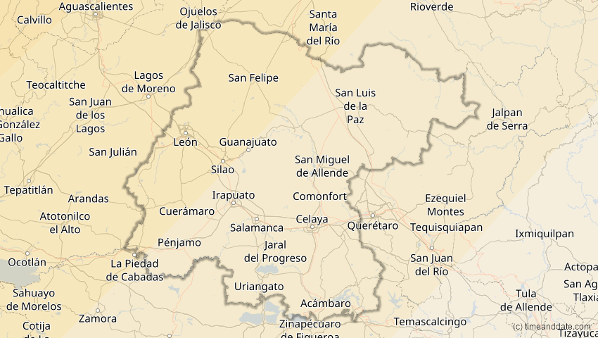 A map of Guanajuato, Mexiko, showing the path of the 20. Mai 2012 Ringförmige Sonnenfinsternis