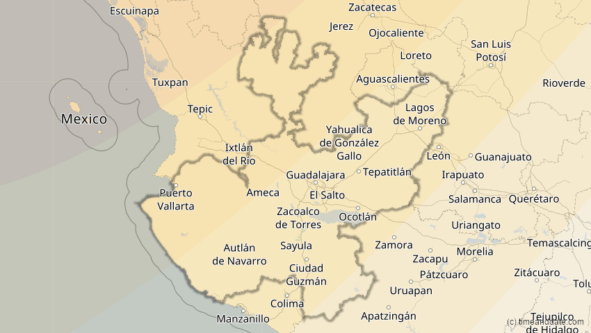 A map of Jalisco, Mexiko, showing the path of the 20. Mai 2012 Ringförmige Sonnenfinsternis