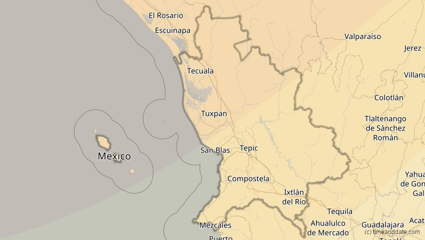 A map of Nayarit, Mexiko, showing the path of the 20. Mai 2012 Ringförmige Sonnenfinsternis