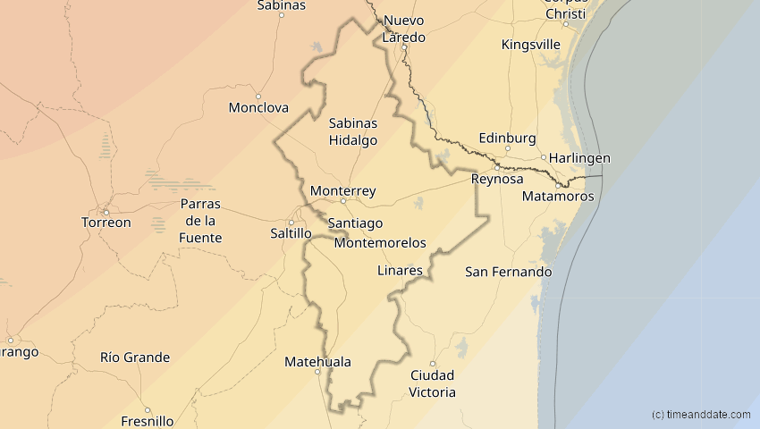 A map of Nuevo León, Mexiko, showing the path of the 20. Mai 2012 Ringförmige Sonnenfinsternis
