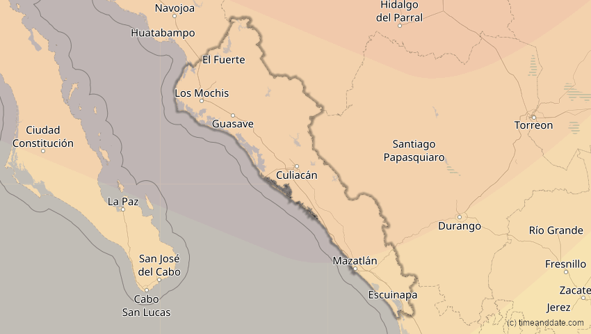 A map of Sinaloa, Mexiko, showing the path of the 20. Mai 2012 Ringförmige Sonnenfinsternis
