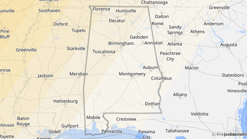 A map of Alabama, USA, showing the path of the 20. Mai 2012 Ringförmige Sonnenfinsternis
