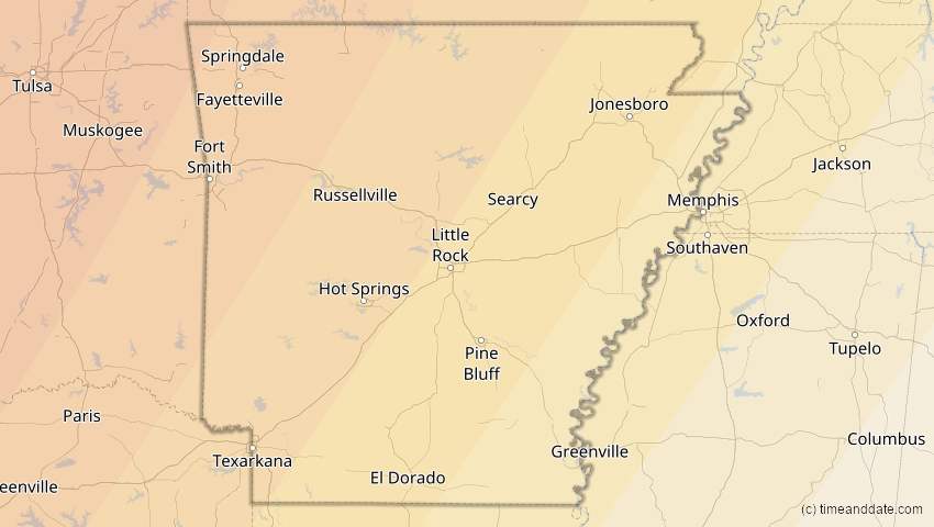 A map of Arkansas, USA, showing the path of the 20. Mai 2012 Ringförmige Sonnenfinsternis