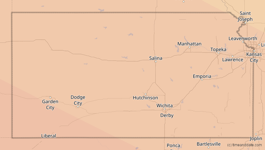 A map of Kansas, USA, showing the path of the 20. Mai 2012 Ringförmige Sonnenfinsternis