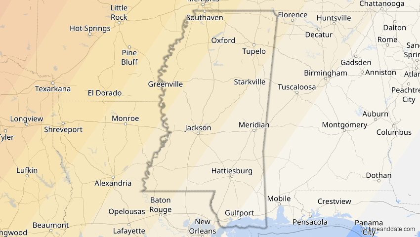 A map of Mississippi, USA, showing the path of the 20. Mai 2012 Ringförmige Sonnenfinsternis