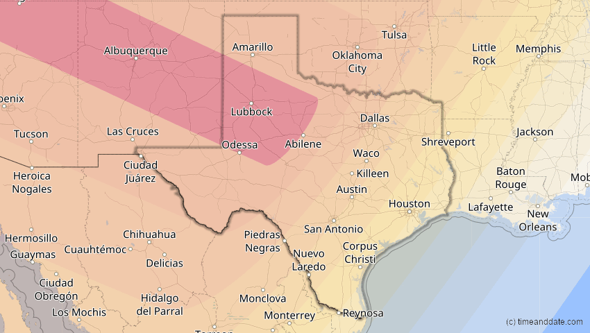 A map of Texas, USA, showing the path of the 20. Mai 2012 Ringförmige Sonnenfinsternis