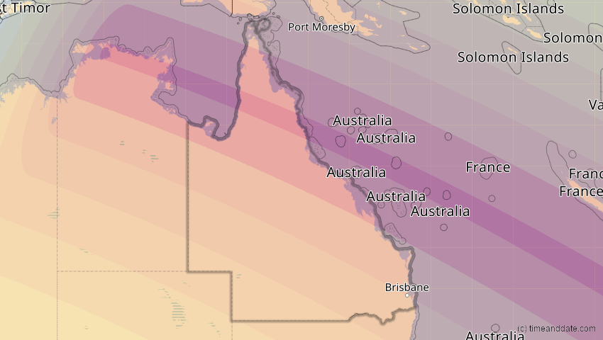 A map of Queensland, Australien, showing the path of the 14. Nov 2012 Totale Sonnenfinsternis
