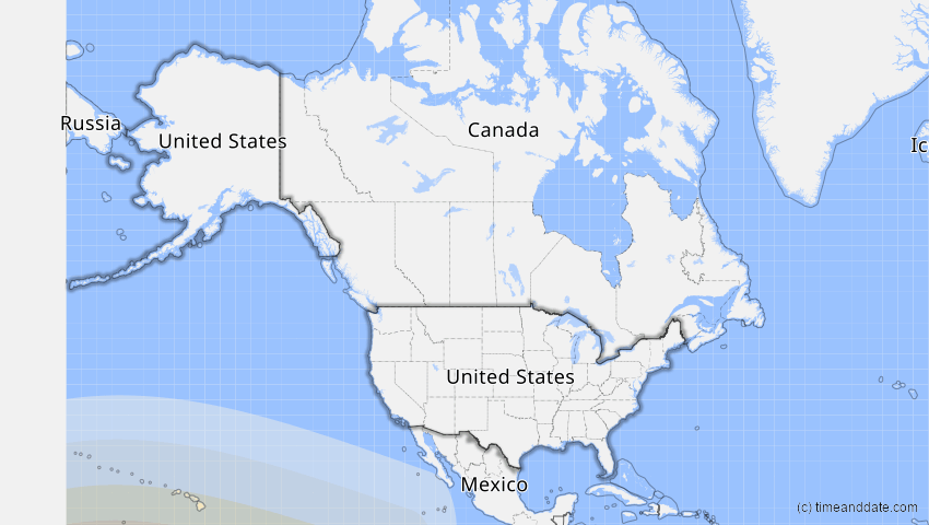 A map of USA, showing the path of the 9. Mai 2013 Ringförmige Sonnenfinsternis