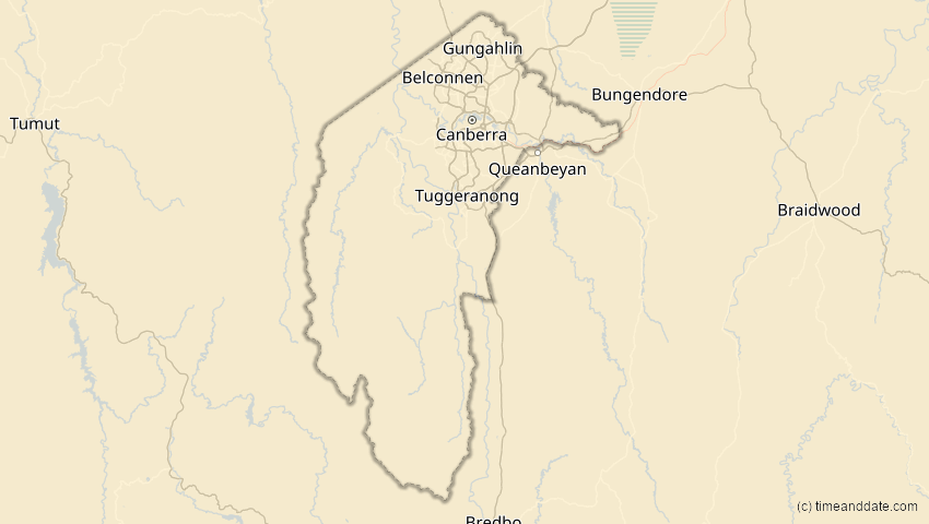 A map of Australian Capital Territory, Australien, showing the path of the 10. Mai 2013 Ringförmige Sonnenfinsternis
