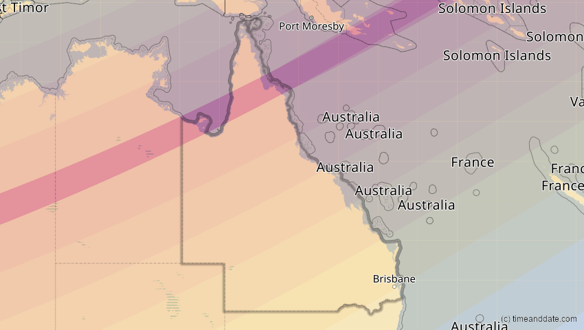 A map of Queensland, Australien, showing the path of the 10. Mai 2013 Ringförmige Sonnenfinsternis