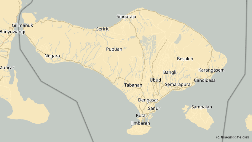 A map of Bali, Indonesien, showing the path of the 10. Mai 2013 Ringförmige Sonnenfinsternis