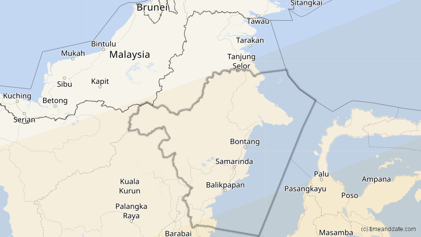 A map of Kalimantan Timur, Indonesien, showing the path of the 10. Mai 2013 Ringförmige Sonnenfinsternis