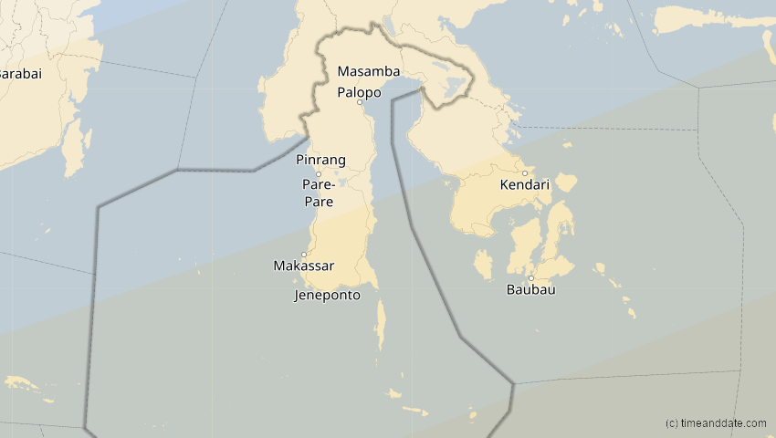 A map of Sulawesi Selatan, Indonesien, showing the path of the 10. Mai 2013 Ringförmige Sonnenfinsternis