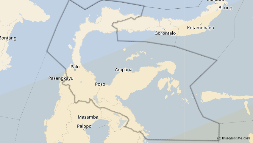 A map of Sulawesi Tengah, Indonesien, showing the path of the 10. Mai 2013 Ringförmige Sonnenfinsternis