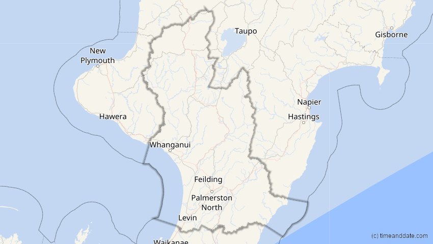 A map of Manawatu-Whanganui, Neuseeland, showing the path of the 10. Mai 2013 Ringförmige Sonnenfinsternis