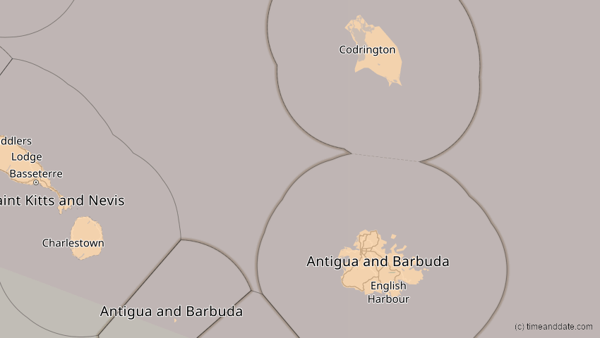 A map of Antigua und Barbuda, showing the path of the 3. Nov 2013 Totale Sonnenfinsternis