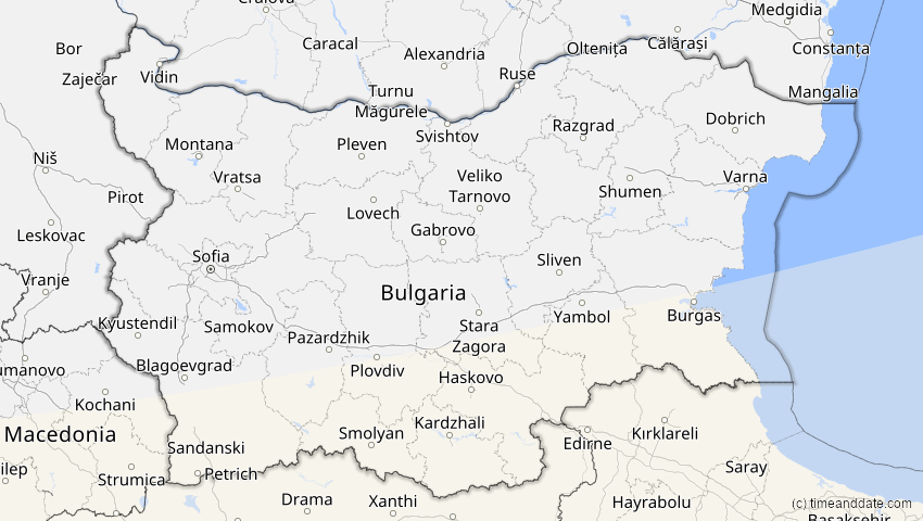 A map of Bulgarien, showing the path of the 3. Nov 2013 Totale Sonnenfinsternis