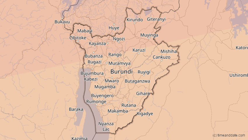 A map of Burundi, showing the path of the 3. Nov 2013 Totale Sonnenfinsternis