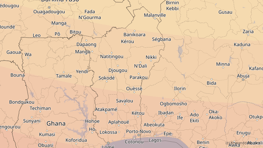 A map of Benin, showing the path of the 3. Nov 2013 Totale Sonnenfinsternis