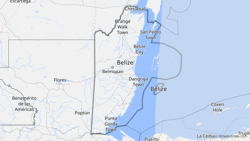 A map of Belize, showing the path of the 3. Nov 2013 Totale Sonnenfinsternis