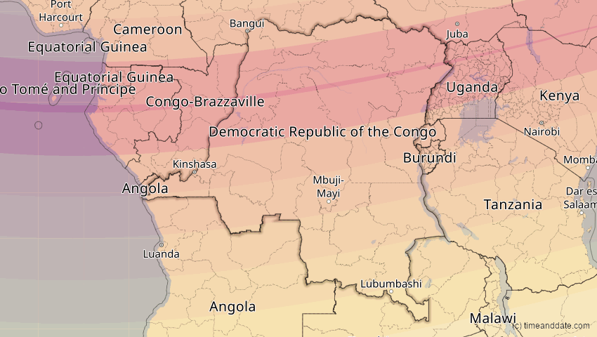 A map of Kongo Dem.Rep., showing the path of the 3. Nov 2013 Totale Sonnenfinsternis