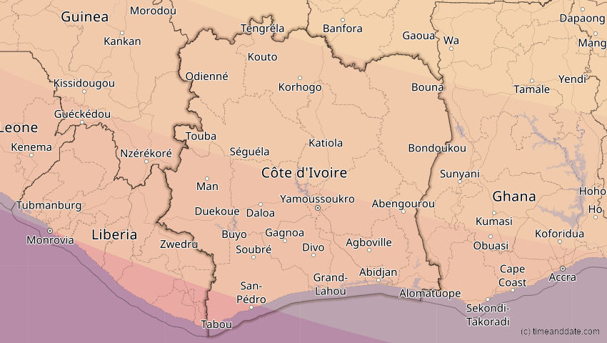 A map of Elfenbeinküste (Côte d'Ivoire), showing the path of the 3. Nov 2013 Totale Sonnenfinsternis