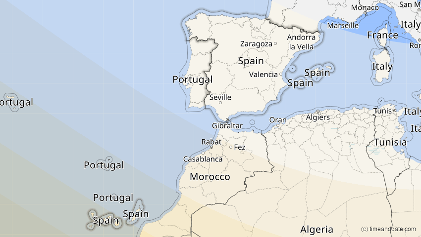 A map of Spanien, showing the path of the 3. Nov 2013 Totale Sonnenfinsternis