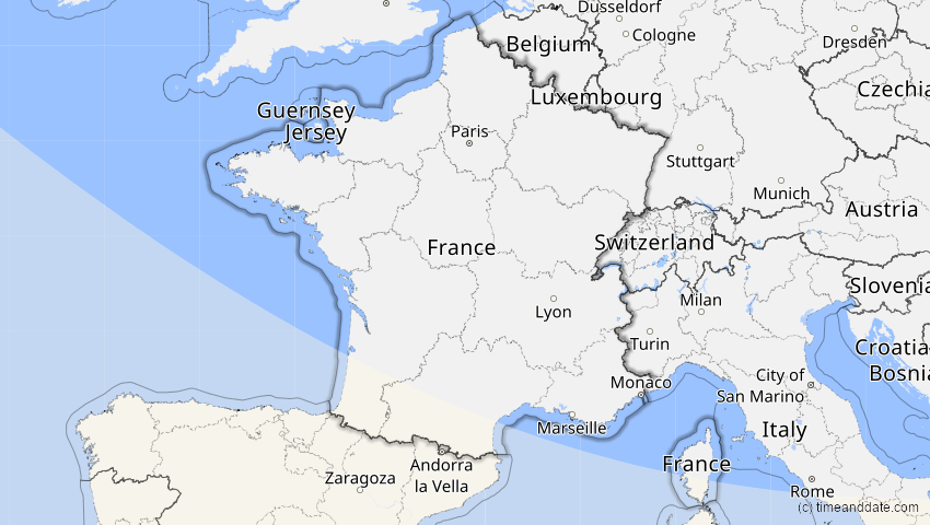 A map of Frankreich, showing the path of the 3. Nov 2013 Totale Sonnenfinsternis