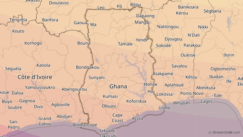 A map of Ghana, showing the path of the 3. Nov 2013 Totale Sonnenfinsternis
