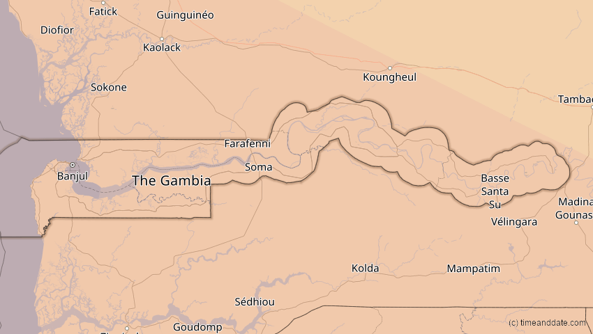 A map of Gambia, showing the path of the 3. Nov 2013 Totale Sonnenfinsternis