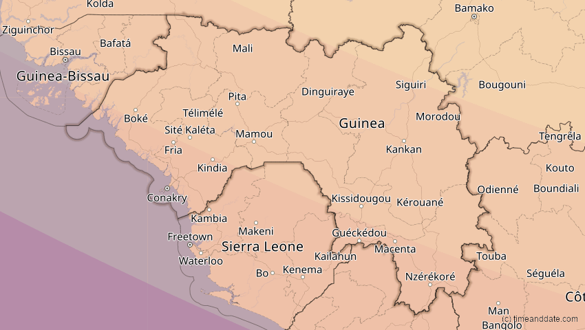A map of Guinea, showing the path of the 3. Nov 2013 Totale Sonnenfinsternis