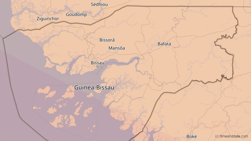 A map of Guinea-Bissau, showing the path of the 3. Nov 2013 Totale Sonnenfinsternis