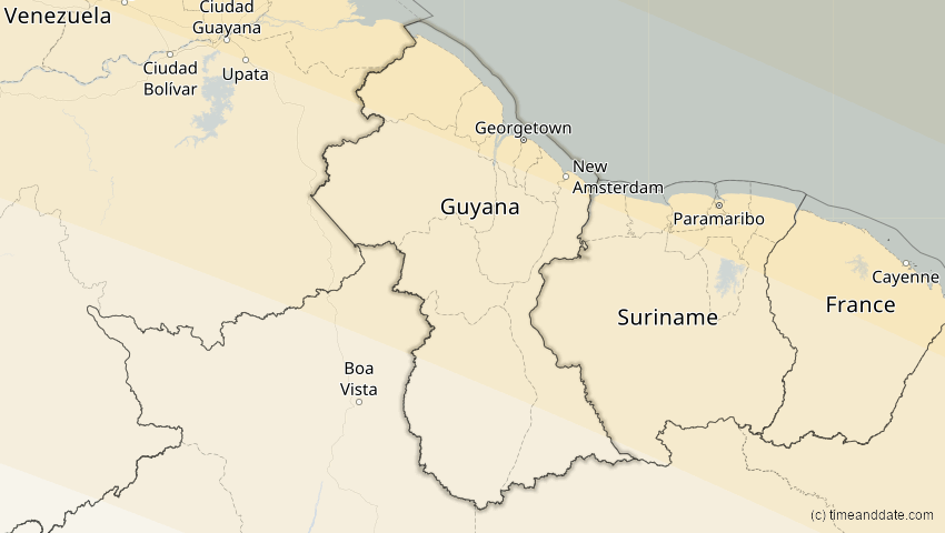 A map of Guyana, showing the path of the 3. Nov 2013 Totale Sonnenfinsternis