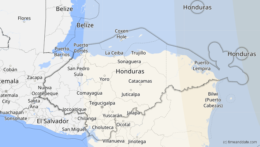 A map of Honduras, showing the path of the 3. Nov 2013 Totale Sonnenfinsternis