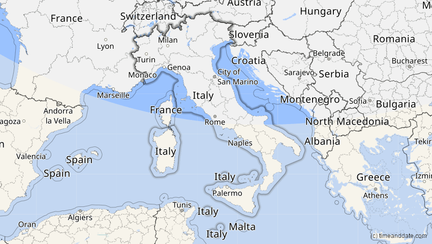 A map of Italien, showing the path of the 3. Nov 2013 Totale Sonnenfinsternis