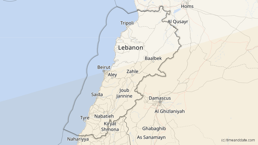 A map of Libanon, showing the path of the 3. Nov 2013 Totale Sonnenfinsternis