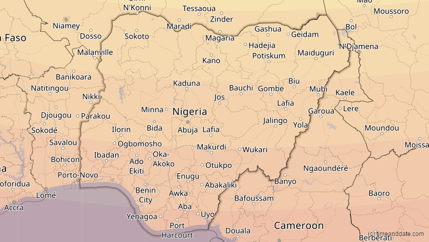 A map of Nigeria, showing the path of the 3. Nov 2013 Totale Sonnenfinsternis