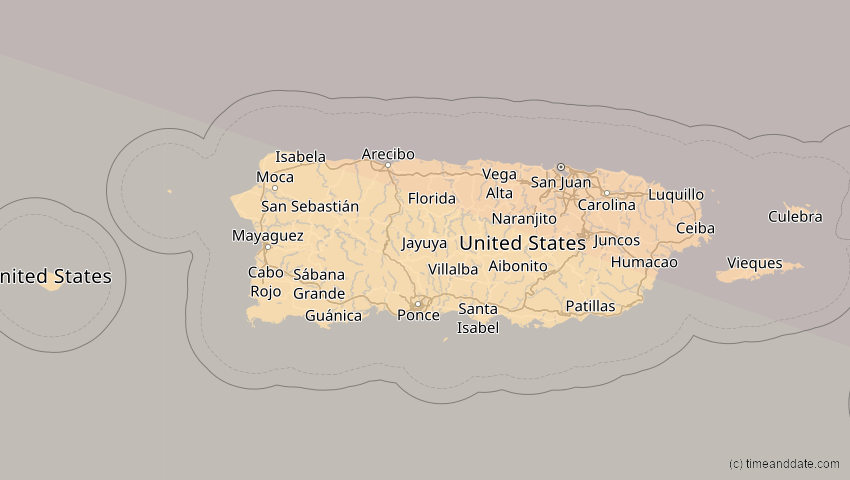 A map of Puerto Rico, showing the path of the 3. Nov 2013 Totale Sonnenfinsternis
