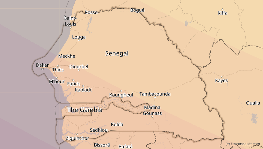 A map of Senegal, showing the path of the 3. Nov 2013 Totale Sonnenfinsternis
