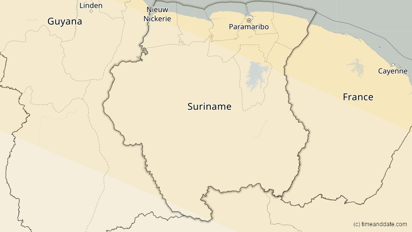 A map of Suriname, showing the path of the 3. Nov 2013 Totale Sonnenfinsternis