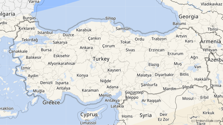 A map of Türkei, showing the path of the 3. Nov 2013 Totale Sonnenfinsternis