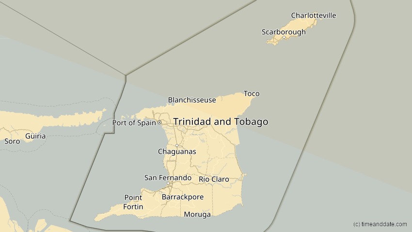 A map of Trinidad und Tobago, showing the path of the 3. Nov 2013 Totale Sonnenfinsternis