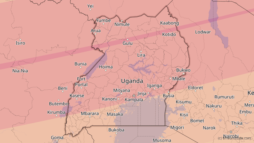 A map of Uganda, showing the path of the 3. Nov 2013 Totale Sonnenfinsternis