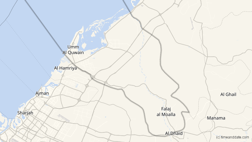 A map of Umm al-Qaiwain, Vereinigte Arabische Emirate, showing the path of the 3. Nov 2013 Totale Sonnenfinsternis