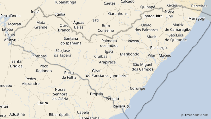 A map of Alagoas, Brasilien, showing the path of the 3. Nov 2013 Totale Sonnenfinsternis