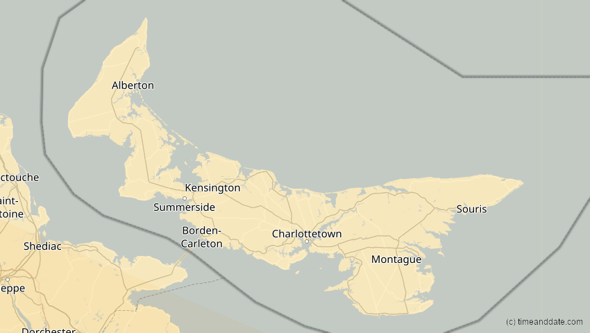 A map of Prince Edward Island, Kanada, showing the path of the 3. Nov 2013 Totale Sonnenfinsternis