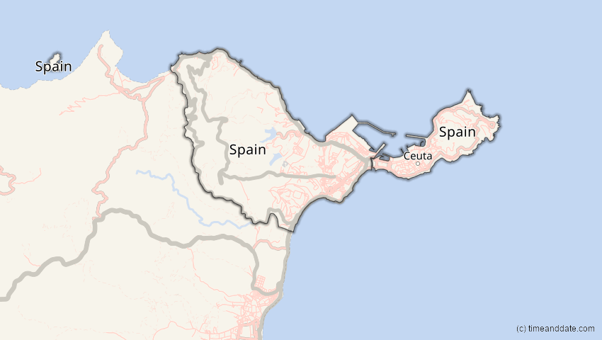 A map of Ceuta, Spanien, showing the path of the 3. Nov 2013 Totale Sonnenfinsternis