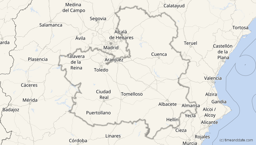 A map of Kastilien-La Mancha, Spanien, showing the path of the 3. Nov 2013 Totale Sonnenfinsternis